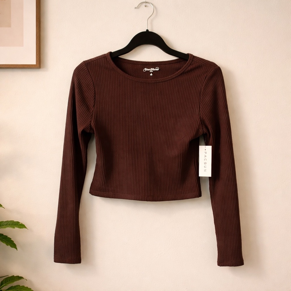 PacSun Cocoa Cropped Ribbed Long Sleeve Top